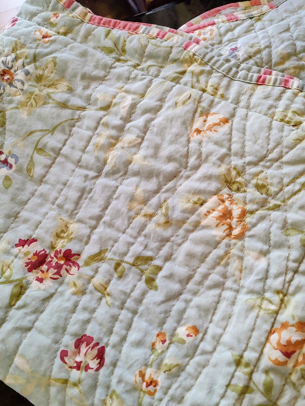 Waverly Pastel Floral Quilted Scalloped Queen Shams with Pink Trim - Picture 3 of 12
